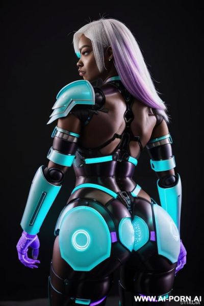 (turquoise robotic armor with purple light bands highlighting her ass), (round ass), (shoulder length hair), - ai-porn.ai on pornintellect.com