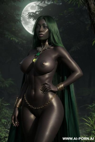 (((symmetric picture))), realistic, ((topless)), looking at viewer, (lustful face), (full voluminous hair), (necklaces), (((perfect round breasts))), (((dark noir skin))), (((total black skin))), magical - ai-porn.ai on pornintellect.com