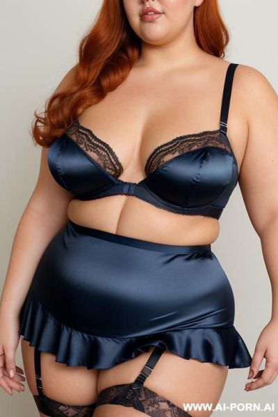 Half body photo shot close up. a ((british obese fat bbw redhead)), ((thick with love handless)). ((wearing a brown sexy and hot garter belt lingerie, and a dark-blue ruffle silk micro-skirt)). she is dancing. - ai-porn.ai - Britain on pornintellect.com