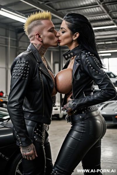 ((((arab rap milf kissing two muscular punk men on the lips)))) with ((((((gigantic tits)))))) and (((long hair))), (makeup) , (((tight spiked black leather jacket))) (((tight spiked black leather - ai-porn.ai on pornintellect.com