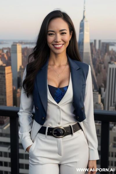 ((aj lee)), (rooftop), ((dark blue pant and dark blue suit jacket, fancy belt, white blouse )), (big full lips), ((smiling at the camera)), photorealistic, texan, (ultra detailed photo), (hyper - ai-porn.ai on pornintellect.com