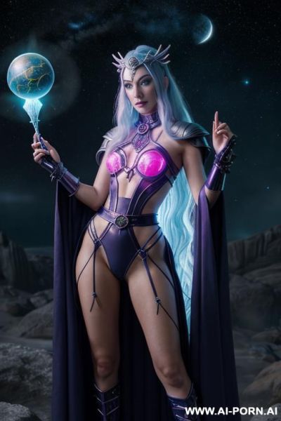 Space wizard, looking at viewer, (eye contact), front view, finely detail, majestic view, ultra detailed face, highly detailed skin, highly detailed hands, tall athletic body, ((white colored shiny - ai-porn.ai on pornintellect.com