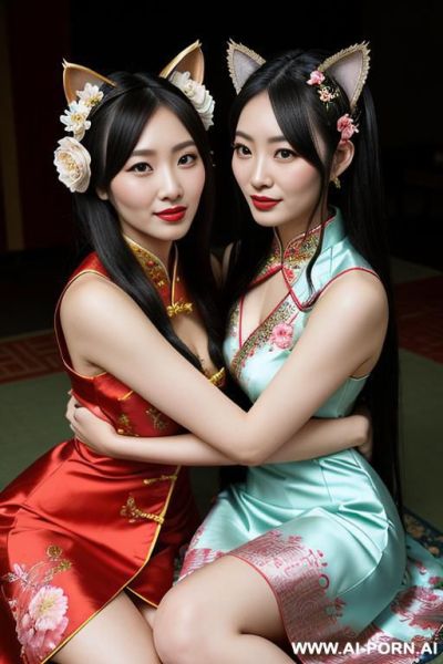 Tea party, full clothes, pleated dress, hugging each other, chinese clothes, traditional clothes, chinese wedding - ai-porn.ai - China on pornintellect.com
