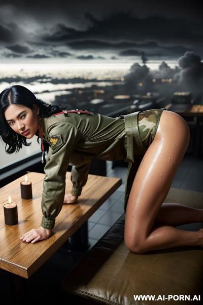 At nigth , apocalyptic city , cloudy sky fog battle city , atomic bomb explosions landscape , horizont looking , walking sexy pose , mud-stained body , camouflage thong , topless huge tits - ai-porn.ai on pornintellect.com