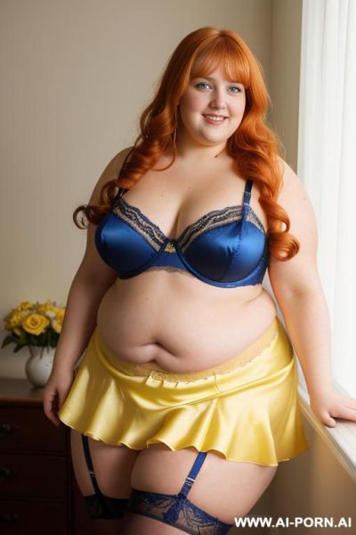 Half body photo shot close up. a ((british obese fat bbw redhead)), ((thick with love handless)). ((wearing a yellow white and hot garter belt lingerie, and a dark-blue ruffle silk micro-skirt)). she is smiling - ai-porn.ai - Britain on pornintellect.com