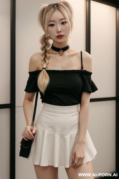 Japanese woman with an hourglass figure and long blonde hair (messy). wearing a choker and a low-cut shirt. happy - ai-porn.ai - Japan on pornintellect.com