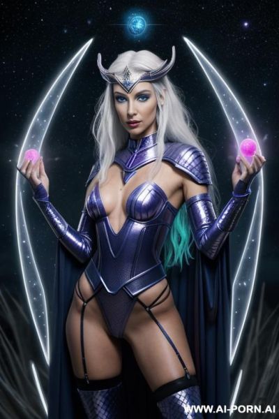 Space wizard, looking at viewer, (eye contact), front view, finely detail, majestic view, ultra detailed face, highly detailed skin, highly detailed hands, tall athletic body, ((white colored shiny - ai-porn.ai on pornintellect.com