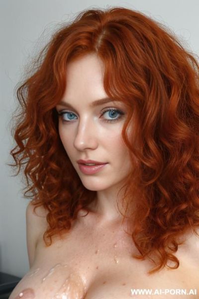 Sexy redhead, messy curly hair, chestnut hair color, blue eyes, beautiful breasts, naked, close up photo, a lot of cum in hair, cum dripping from hair, - ai-porn.ai on pornintellect.com