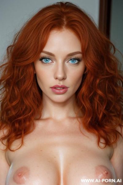 Sexy redhead, s, messy curly hair, chestnut hair color, light blue eyes, beautiful breasts, naked, close up photo, - ai-porn.ai on pornintellect.com
