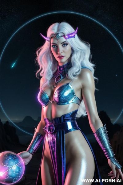 Space wizard, looking at viewer, (eye contact), front view, finely detail, majestic view, ultra detailed face, highly detailed skin, highly detailed hands, tall athletic body, ((white colored shiny - ai-porn.ai on pornintellect.com