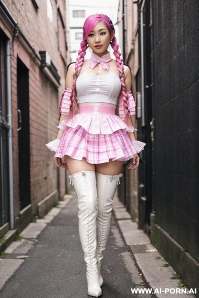 20 year old asian women, pink hair in braids, pink plaid frilly skirt, white latex thigh high boots, white skirt, alleyway, - ai-porn.ai on pornintellect.com