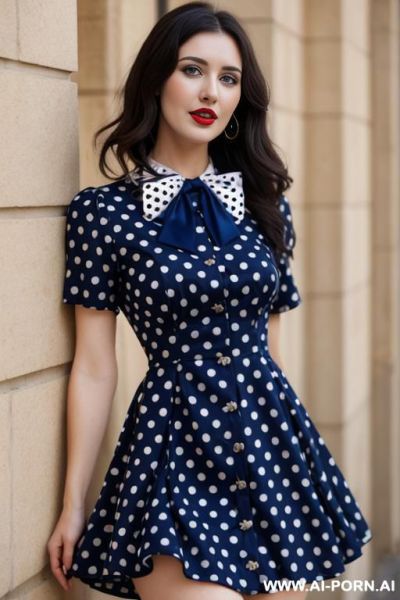 Lithe european woman, soft skin, dark hair, bow shaped lips, button nose, natural dd-cup breasts, happy, expressive, wearing a dark blue polka dot dress - ai-porn.ai on pornintellect.com