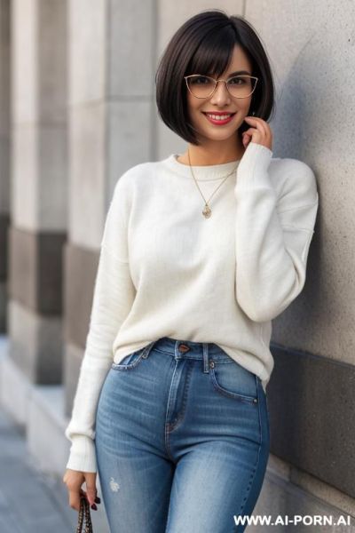Pretty woman, lean, graceful, subtle toned curves, dark silky black hair in a long bobcut, sparkling brown eyes, stylish glasses sharp and expressive features, wide smile, happy, wearing a white - ai-porn.ai on pornintellect.com