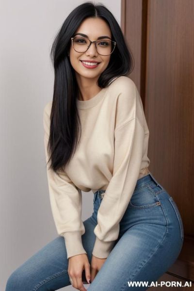 Pretty woman, lean, graceful, subtle toned curves, dark silky black hair in a long bob, m sparkling brown eyes, stylish glasses sharp and expressive features, wide smile, happy, wearing a crewneck and light-wash jeans, energetic and curious appearance - ai-porn.ai on pornintellect.com