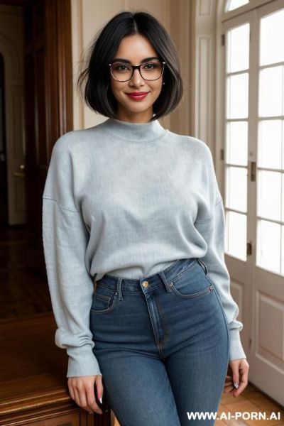 Pretty woman, lean, graceful, subtle toned curves, dark silky black hair in a long bob to her shoulders, sparkling brown eyes, stylish glasses sharp and expressive features, wide smile, happy, - ai-porn.ai on pornintellect.com