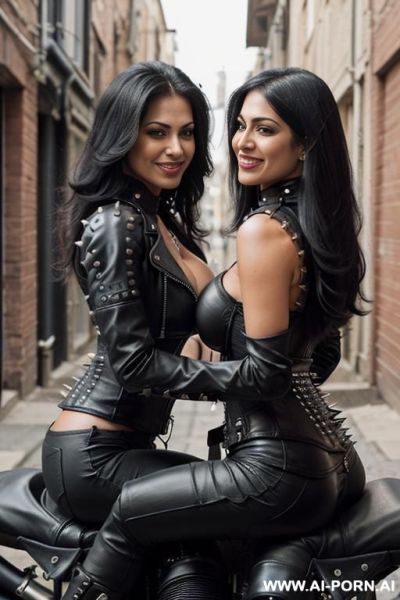((((two persian biker milfs sitting on a motorcycle)))) with ((((((gigantic tits)))))) and (((long hair))), ((makeup)) , (((tight spiked black leather jacket))) (((tight spiked black leather corset ))) - ai-porn.ai - Iran on pornintellect.com