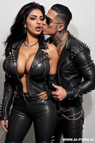 ((((arab rap woman kissing a muscular punk man on the lips)))) with ((((((gigantic tits)))))) and (((long hair))), (makeup) , (((tight spiked black leather jacket))) (((tight spiked black leather - ai-porn.ai on pornintellect.com
