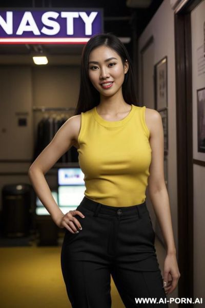 ((( beautiful asian))), (( colorful crew neck sleeveless shirt, pants)), (lean), ((looking at the camera)), photorealistic, , (ultra detailed photo), (hyper realistic photo), standing in a dry cleaning - ai-porn.ai on pornintellect.com