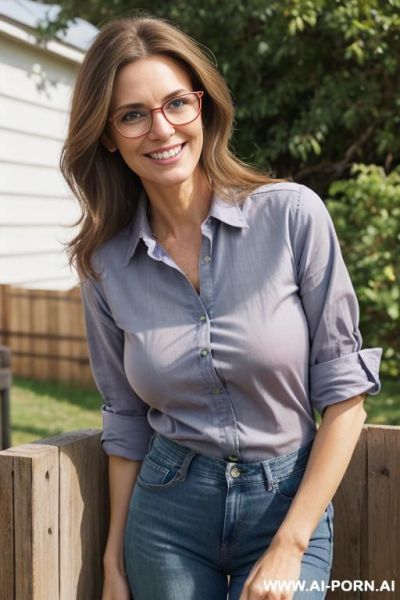 Beautiful woman, fair skin, slight wrinkles, light brown hair with a some gray strands, smiling, big blue-green eyes, soft facial features, full natural breasts, wearing blue jeans and a pink shirt, stylish glasses, in a backyard, wholesome appearance - ai-porn.ai on pornintellect.com