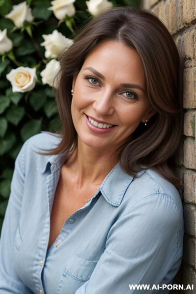 Beautiful european woman, fair skin, slight wrinkles, light brown hair with a some gray strands, smiling, big large blue-green eyes, button nose, soft facial features, full natural bust, wearing - ai-porn.ai on pornintellect.com
