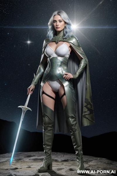 Space aegis woman, sinewy athletic body, (naked), (((white-gray skin))), (elegant sharp boobs), dominant woman, proud body pose, (elegant shape), front view, (eye contact), sharp face, brave face - ai-porn.ai on pornintellect.com