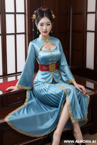 Many women in tea party, full clothes, pleated dress, chinese clothes, traditional clothes, chinese wedding, old china outfit, blue - ai-porn.ai - China on pornintellect.com