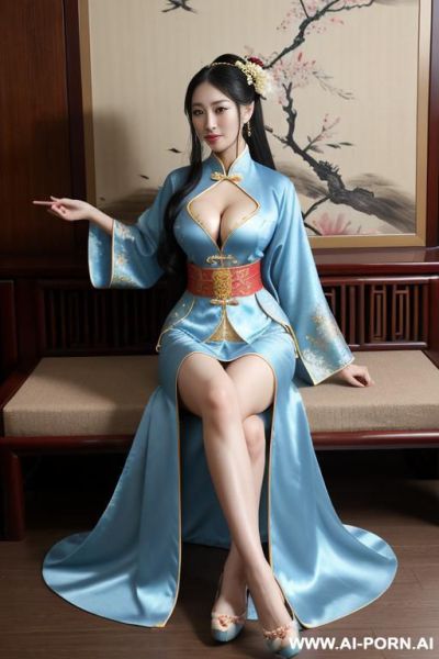 Tea party, full clothes, pleated dress, chinese clothes, traditional clothes, chinese wedding, old china outfit, blue - ai-porn.ai - China on pornintellect.com