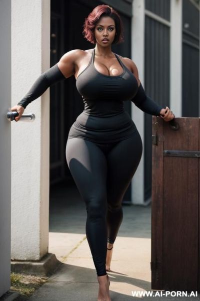 Sexy bimbo milf, milf, matured milf, thot, really dark black skin, deep dark black skin color, ultra thicc, bulked up thighs, tight shirt, extremely gigantic boobs, perfect eyes - ai-porn.ai on pornintellect.com
