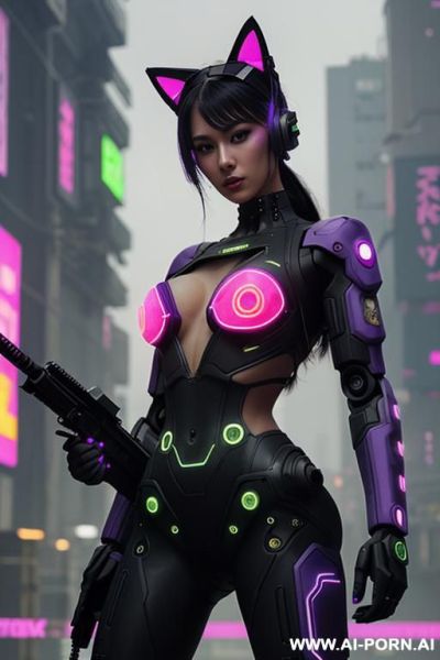 Beautiful realistic woman ((woman fully robotic mechanic body)), (((holding electric and luminous neon violet assault rifle))), ultra detailed, finely detail, highly detailed face, highly detailed eyes, - ai-porn.ai on pornintellect.com