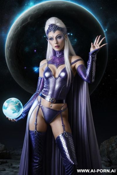 Space wizard, looking at viewer, (eye contact), front view, finely detail, majestic view, ultra detailed face, highly detailed skin, highly detailed hands, tall athletic body, ((white colored shiny - ai-porn.ai on pornintellect.com