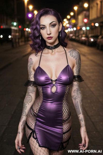 Purple hair, piercings, , medium wavy hair, tattoos, pretty, ((fully fishnet) dress, choker, public nighttime street - ai-porn.ai on pornintellect.com