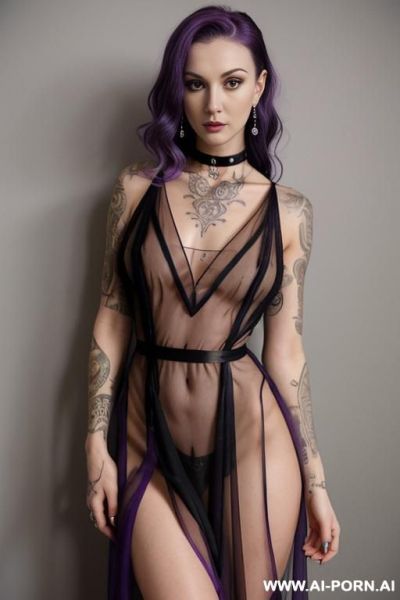 Purple hair, piercings, , medium wavy hair, tattoos, pretty, ((completely sheer dress)), choker, looking front tods camera - ai-porn.ai on pornintellect.com