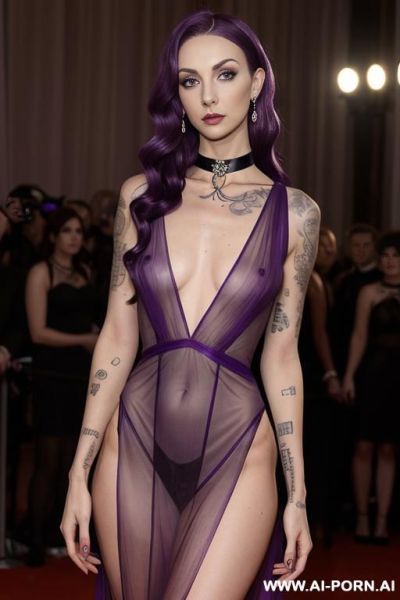 Purple hair, piercings, , medium wavy hair, tattoos, pretty, sheer dress, choker, red carpet, - ai-porn.ai on pornintellect.com