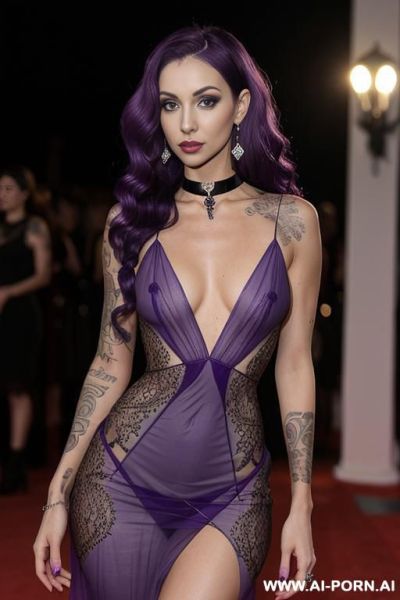 Purple hair, piercings, , medium wavy hair, tattoos, pretty, sheer dress, choker, red carpet, latina - ai-porn.ai on pornintellect.com