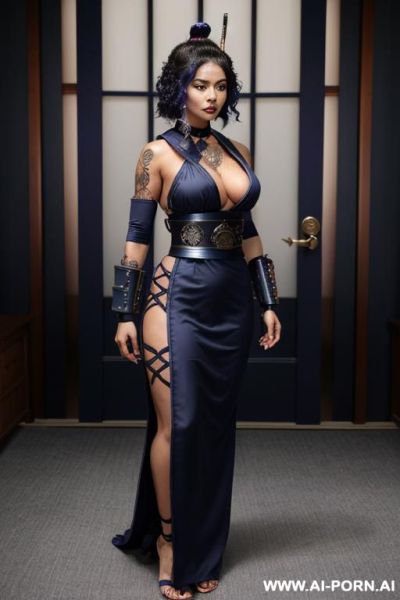 Purple hair, piercings, , medium wavy hair, tattoos, pretty, sheer bodycon dress, choker - ai-porn.ai on pornintellect.com