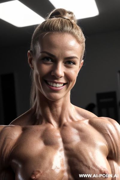 ((nude white ginger smiling very muscular short female muscle model fbb kat. lee klee02 with rockhard pecs)), (extreme sculpted abs), ((very muscular pecs)), ((very muscular delts)), ((very muscular - ai-porn.ai - Norway on pornintellect.com