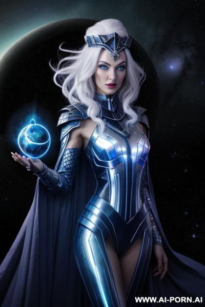 Space wizard, looking at viewer, (eye contact), front view, finely detail, majestic view, ultra detailed face, highly detailed skin, highly detailed hands, tall athletic body, ((white colored shiny - ai-porn.ai on pornintellect.com