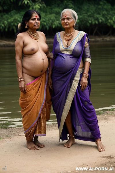 (((((amarsroshta-motherhood))))) (((two granny indian woman))), colonial farmer, in an indian river in the countryside, naked, heavenly beauty, round face, standing in front of me, positioned with hers - ai-porn.ai - India on pornintellect.com