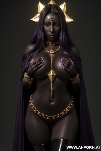 (((symmetric body))), ((front view)), (golden necklaces), (((black noir skin))), (((dark black skin))), (noir skin), purple magical cape, wet skin, purple hair, ((golden hip chain)), (((symmetric))), (((black noir skin))), - ai-porn.ai on pornintellect.com