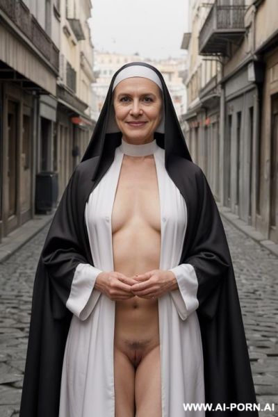 (two mature nun), ((realistic sexy happy face)), (((naked nun under open habit, nude under habit, she show her nude body under habit, very hairy pussy))), ((frontal view)), (behind her is the backdrop of the city of turin), ((grey habit, short habit)) - ai-porn.ai on pornintellect.com