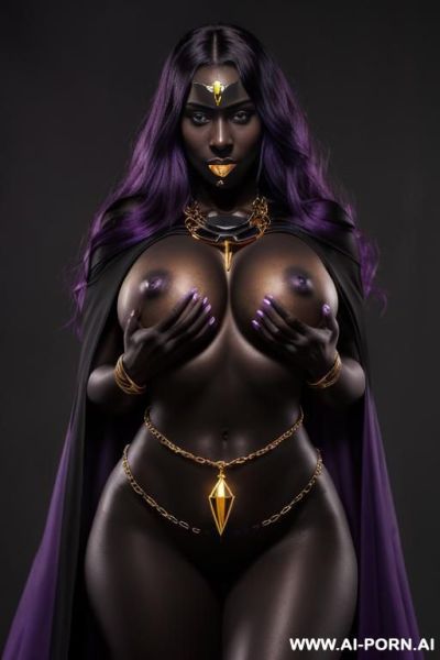 (((symmetric body))), ((front view)), (necklaces), (((black noir skin))), (((dark black skin))), (noir skin), (((purple magical cape))), wet skin, purple hair, ((golden hip chain)), (((symmetric))), (((black noir skin))), - ai-porn.ai on pornintellect.com