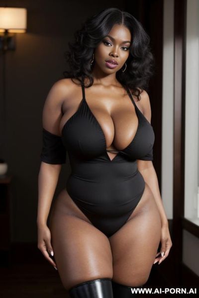 A black woman with a big ass, wide hips, and large, massive breasts. she is wearing a black b that covers her body - ai-porn.ai on pornintellect.com