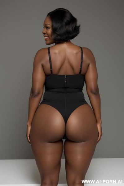Jamaican woman with beautiful face, older face, short straight hair down to her neck, dark black skin, plump chipmunk-like cheeks that are very round, bever smile, cat-like shaped eyes, bright eyes, k firm and strong legs - ai-porn.ai - Jamaica on pornintellect.com