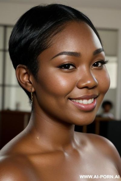 Jamaican woman with beautiful face, short straight hair down to her neck, dark black skin, chipmunk cheeks (((very round cheeks))), thick cheeks, bever smile, cat-like shaped eyes, bright eyes, mid-size head - ai-porn.ai - Jamaica on pornintellect.com