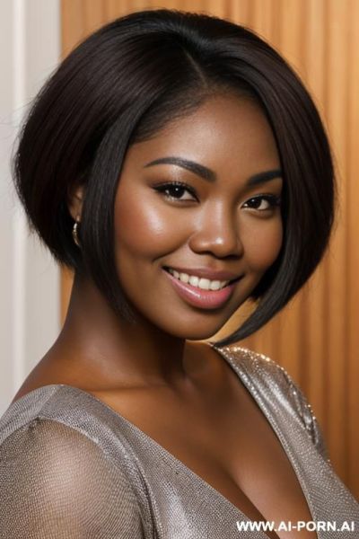 Jamaican woman with beautiful face, let down hair, short straight hair down to her neck, dark black skin, chipmunk cheeks (((very round cheeks))), thick cheeks, chipmunk smile, cat-like shaped eyes, bright eyes, mid-size head, (((wide jaw))) - ai-porn.ai - Jamaica on pornintellect.com