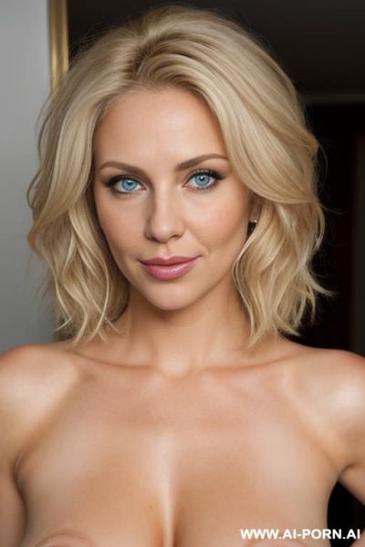 Busty horny model, long massive saggy boobs, wavy blond hair, brown eyes, long massive saggy boobs, big lips, show full body, long boobs, big lips, (((soft light))), (side view), ((short hair)), (((ni make-up))), old babe, full body view - ai-porn.ai on pornintellect.com