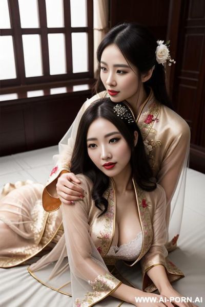 Tea party, full clothes, pleated dress, chinese clothes, traditional clothes, chinese wedding, old china outfit , lights color coat , 2 womens, lying on bed, women on top, hugging each other, kissing, - ai-porn.ai - China on pornintellect.com