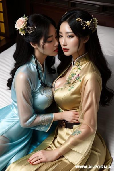Tea party, full clothes, pleated dress, chinese clothes, traditional clothes, chinese wedding, old china outfit , lights color sheer coat , 2 womens, lying on bed, women on top, hugging each other, kissing, lookimg at another - ai-porn.ai - China on pornintellect.com