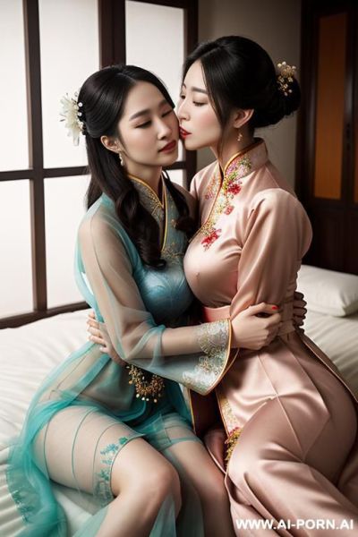 Tea party, full clothes, pleated dress, chinese clothes, traditional clothes, chinese wedding, old china outfit , lights color coat , 2 womens, lying on bed, women on top, hugging each other, kissing, lookimg at another - ai-porn.ai - China on pornintellect.com