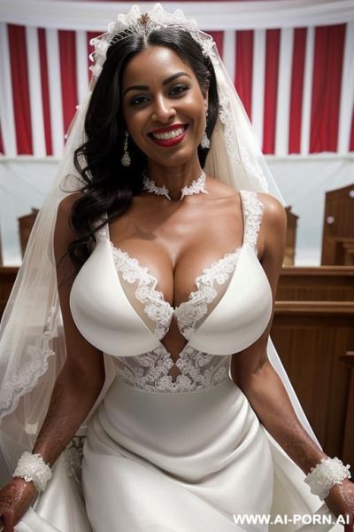 (((((extremely big boobs))))), ((ultra deep tanned skin))), ((fit))), ((((((white wedding dress))))), ((extremely beautiful make-up))), (red lip gloss), seductive, extremely slutty, ((very wicked)), ((((ultra - ai-porn.ai on pornintellect.com